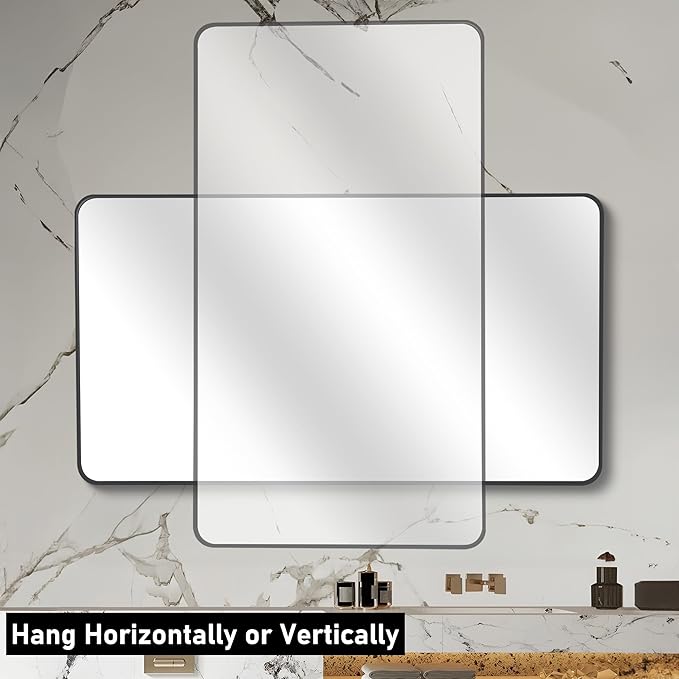 36" x 48"Bathroom Mirror, Matte Black Wall Mirror with Metal Frame, Decorative Rectangular Vanity Mirror for Bedroom Bathroom Living Room Entryway (Horizontal/Vertical)-StrideForce Fitness