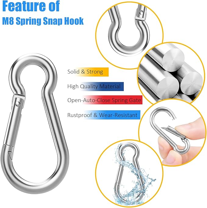 100PCS M8 Spring Snap Hook Carabiner, 3" x 5/16" Heavy Duty Galvanized Steel Carabiner Clips, 470LBS Capacity Spring Quick Links Clips for Camping Hiking Hammock Swing and Outdoor Activities-StrideForce Fitness