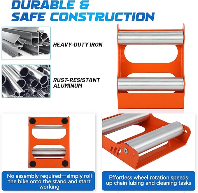 Motorcycle Wheel Cleaning Stand Universal Wheel Roller Stand for Tire Cleaning & Chain Lubrication Heavy Duty Paddock Stand for Street Bike (Motorcycle < 700 LB & Tire Width <260 mm) Orange-StrideForce Fitness