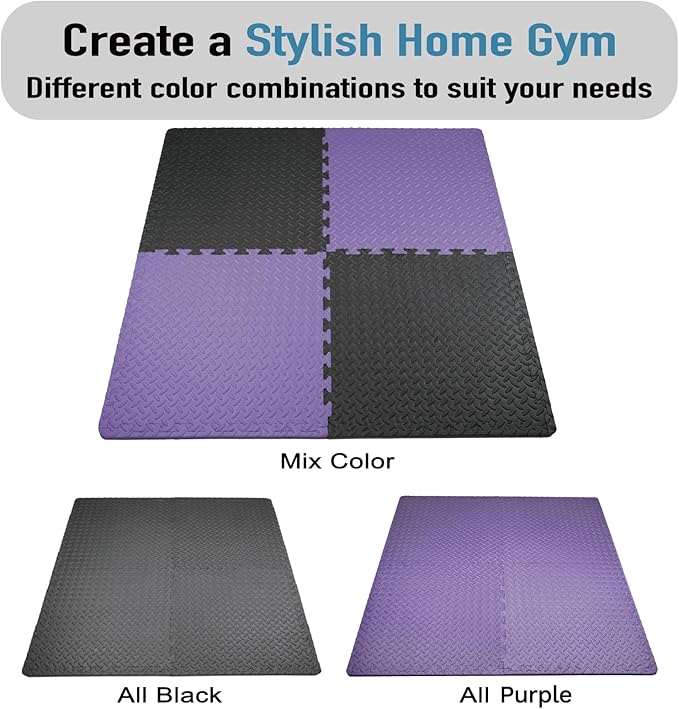 AIRHOP Upgraded 0.79" Extra Thick 48 Sq Ft High-Density Eva Foam Exercise Gym Mats, 12 Pcs Large Interlocking Puzzle Floor Tiles (24"x24") for Home Gym, Black&Purple-StrideForce Fitness