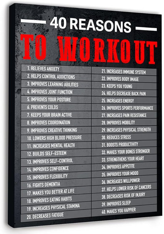 Gwisml 40 Reasons To Workout Wall Art,Inspirational Exercise Fitness Canvas Frame Paintings For Gym Sports Room Home Workplace Wall Art Decor-StrideForce Fitness