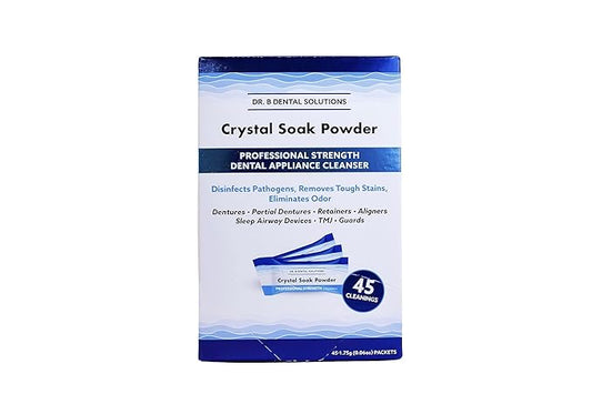 Dr. B Dental Solutions Powder Crystal Soak Cleanser, Ideal for Oral Appliances, Dentures, Night Guards, Retainers, Aligners, and Sleep Apnea Devices - 45 Packs Included (Single Pack)