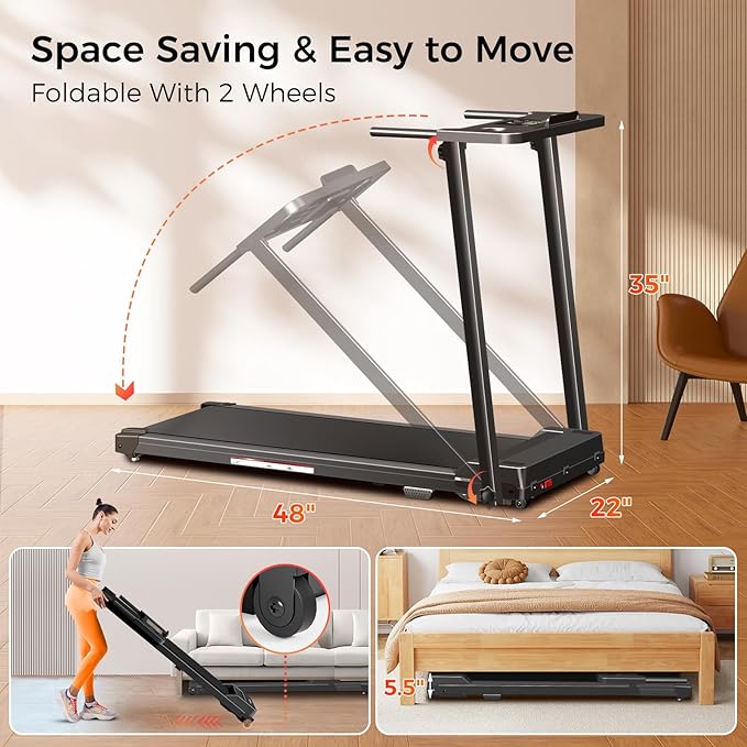 Treadmill with Handles, Portable Small Treadmills for Home and Office, 3.0HP Folding Walking Pad with 300 lbs Capacity, Cup Holder, LED Display and 12 Preset Programs-StrideForce Fitness