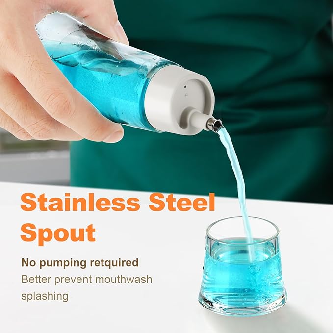 Glass Mouthwash Dispenser for Bathroom, Mouth Wash Container Bottle with Lid Cup, Small Clear Refillable Mouthwash Decanter Holder (2 Pack/ 7.5)