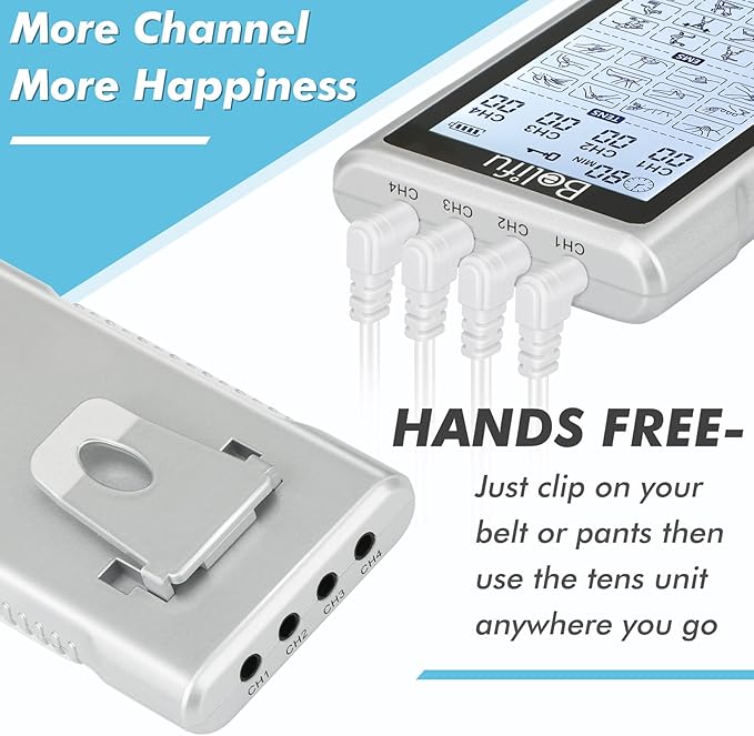 Belifu 4 Independent Channel TENS EMS Unit, 24 Modes,30 Level Intensity Muscle Stimulator Machine, Rechargeable Electric Pulse Massager with 10 Pads&5 Set Leads Wires, for Pain Relief Therapy (Silver)-StrideForce Fitness