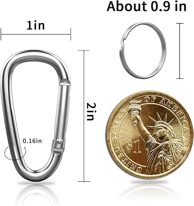 30PCS Aluminum Carabiner Clips, 2" D Shape Spring Snap Hooks Carabiner with 30PCS Keyring Keychain Hook-StrideForce Fitness