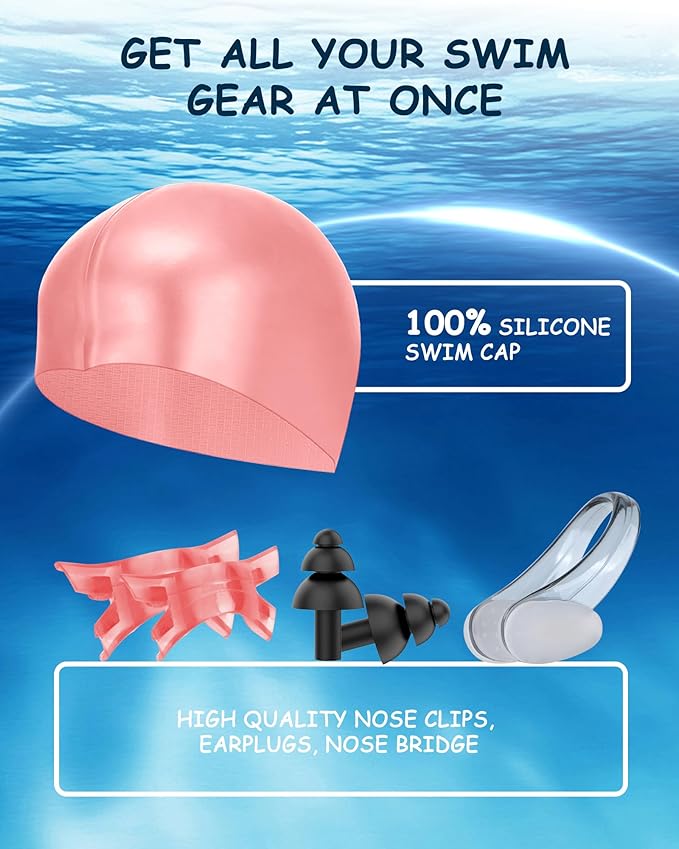 Kids Swim Goggles, Swimming Goggles for Kids Toddlers 3-14 with Swim Cap, Nose Clip, Nose Bridge, Ear Plugs-StrideForce Fitness