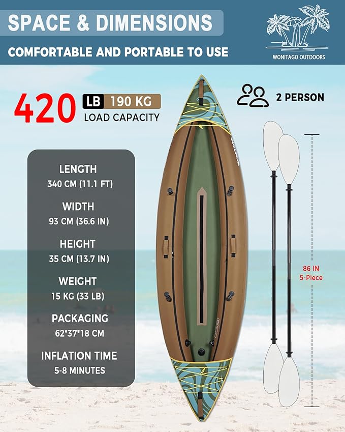 Inflatable Kayak, Portable Ripstop Oxford Cloth Recreational Touring Kayak with Fiberglass Kayak Paddle, Hand Pump and Carrying Bag, 1/2 Person-StrideForce Fitness