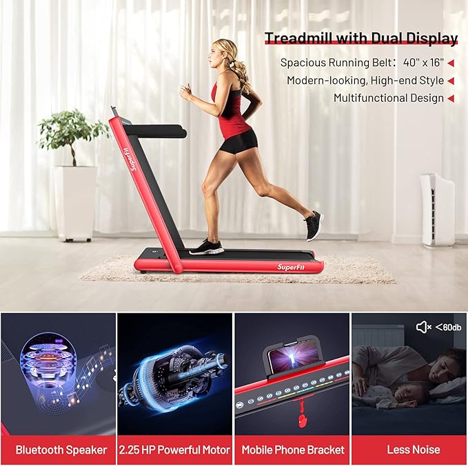 GYMAX Walking Pad, Dual LED Display 2 in 1 Under Desk Treadmill for Home with Remote & Smart App Control, 2.25HP Foldable Portable Treadmill Running Machine for Office Small Space-StrideForce Fitness