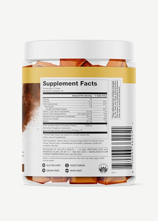 BIG BOLD HEALTH HTB Immune Energy Chews, Organic Sprouted Buckwheat with Vitamin D, Vitamin C, Zinc and Magnesium. Flavored with Delicious Real Cocoa Powder.-StrideForce Fitness