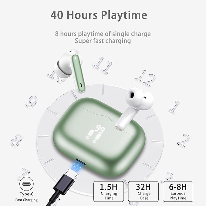 Wireless Earbuds, Bluetooth 5.4 Headphones in Ear with 4 ENC Noise Cancelling Mic, New Wireless Earphones HiFi Stereo Deep Bass 40H Playtime, in-Ear Bluetooth Earbuds LED Display IP7, USB-C, Green-StrideForce Fitness