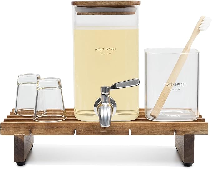 Glass Mouthwash Dispenser for Bathroom Decor with Bathroom Cups, Glass Electric Toothbrush Holder and Wooden Tray – Minimalist Bathroom Accessories for Home Decor - ZUTT