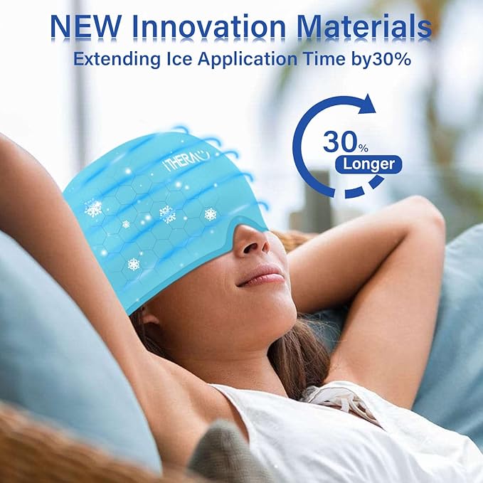 iTHERAU Migraine Relief Cap, Soothing Headache Hat, Gel Ice Pack Head Wrap with Hot and Cold Therapy, Headache Relief Cap for Sinus, Puffy Eyes, Tension and Stress Relief Blue-StrideForce Fitness