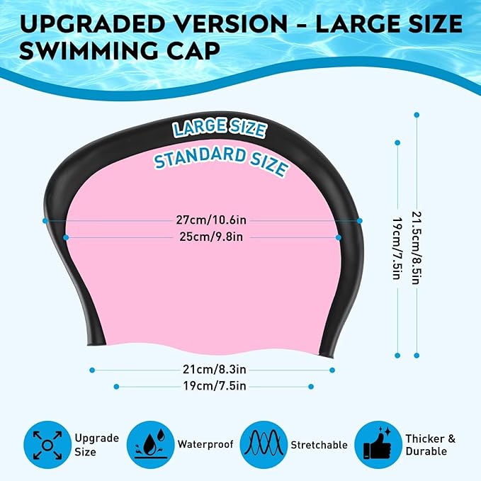 2 Pack Large Swim Caps for Long Hair, Silicone Swimming Cap for Adult Women Men, Waterproof Swim Hats Bathing Caps to Keep Hair Dry with Bonus Nose Clip and Earplugs-StrideForce Fitness