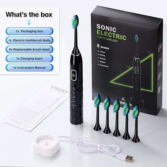 Sonic Electric Toothbrush for Adults - Deep Cleaning Teeth Whitening6 Replacement Brush Heads100-Day Battery5 Modes w/SensitiveIPX7 Waterproof (Color Options)