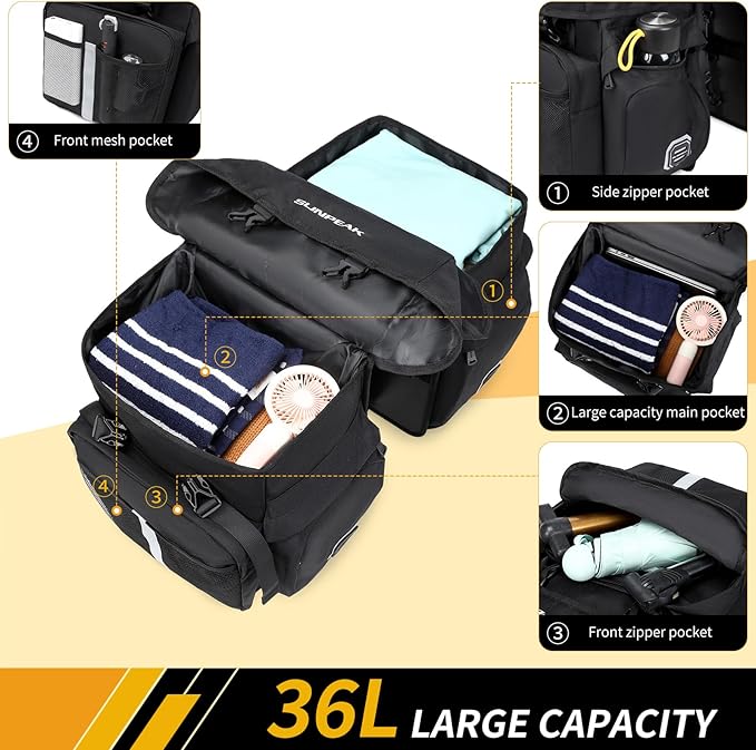 Bike Bag Accessories Panniers for Bicycle Rear Rack Bag 45L Waterproof Mountain Electric Bike Saddle Bag for Cycling Traveling Commuting Black-StrideForce Fitness