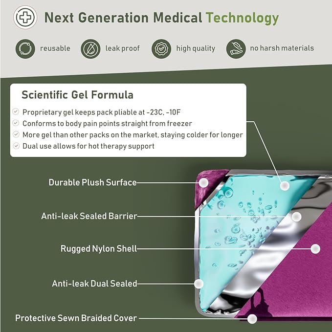 Medium Flexible Gel Ice Packs Reusable - Hot and Cold Soft Ice Packs for Injuries Reusable for Ankle, Arm, Foot, Leg, Back Pain Relief - 8" x 12" - Purple-StrideForce Fitness