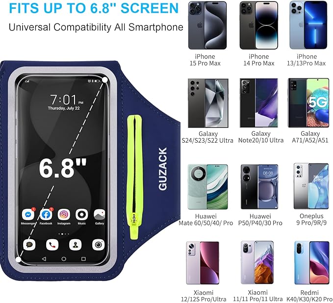 GUZACK Running Armband, Running Phone Holder with Key Pockets & Card Slot for iPhone 15 14 13 12 11 Pro Max Plus, Galaxy S24 S23/S22/S21 Fit Up to 6.9 Inches, Navy Blue Green Zipper-StrideForce Fitness