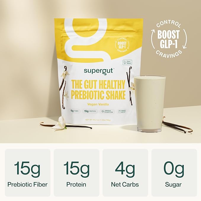 Supergut Prebiotic Shakes | Meal Replacement | Boost GLP-1 | High Protein and Fiber | No Added Sugar | Keto Food, Meal, Snack (Vegan Vanilla, 14 servings)-StrideForce Fitness