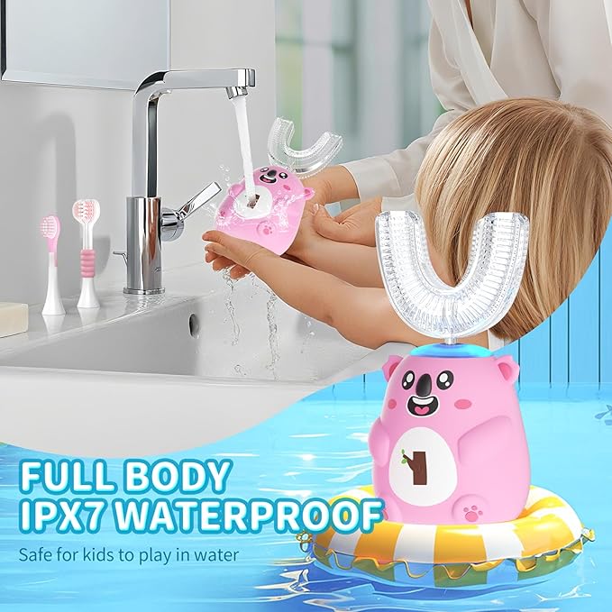 Kids U Shaped Electric Toothbrush, Automatic 360° Sonic Cleaning, 6 Modes, 4 Brush Heads, Cute Cartoon Koala Design (2-6 Age (Pink))