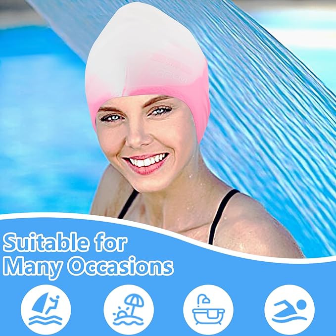Swim Cap Long Hair,Silicone Swimming Caps with 3D Ear Cover,Waterproof Adult Swim Hats Bathing Caps for Women Men,Keep Your Hair Dry-StrideForce Fitness