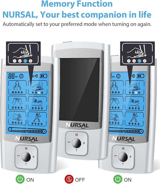 NURSAL 24 Modes TENS Unit Muscle Stimulator with Continuous Stimulation, Rechargeable Electronic Pulse Massager with 8 Pads for Back and Shoulder Pain Relief and Muscle Strength (Silver)-StrideForce Fitness