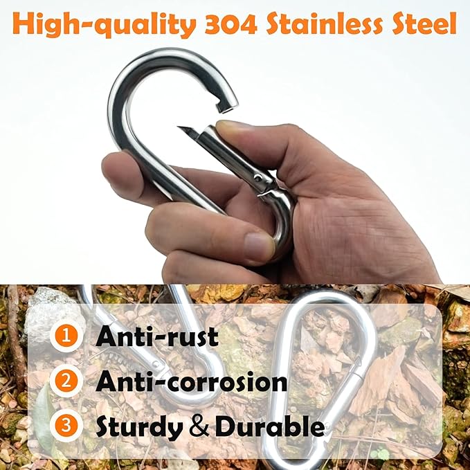 3 Inch Carabiner Spring Snap Hook Steel Clip Link Buckle Heavy Duty 8x80mm 10 Pcs for Outdoor Camping Hiking Hammock Swing, White-StrideForce Fitness