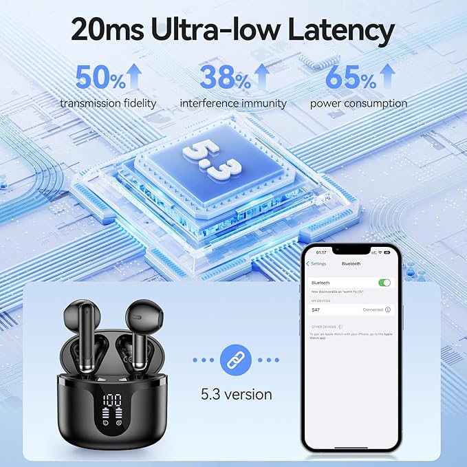 Wireless Earbuds, 2025 Bluetooth 5.3 Headphones HiFi Stereo 50H Playback Ear Buds with Led Digital Display, ENC Noise Cancelling Earbuds for Laptop Computer, iOS, Android, Black-StrideForce Fitness