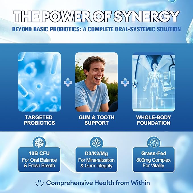 Oral Probiotics for Mouth Bad Breath for Adults & Gum Support | Fresh Breath After Coffee with 10 Billion CFU, Grass-Fed Organ Complex | 60 Capsules