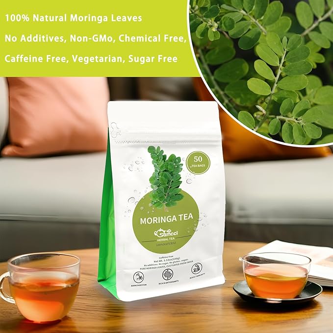 Samcci - Moringa Tea - 50 Tea Bags - Pure Moringa Leaves, Herbal Tea for Supporting Digestion & Immune System - Non-GMO - Vegan - Caffeine-Free - Natural Herbal-StrideForce Fitness