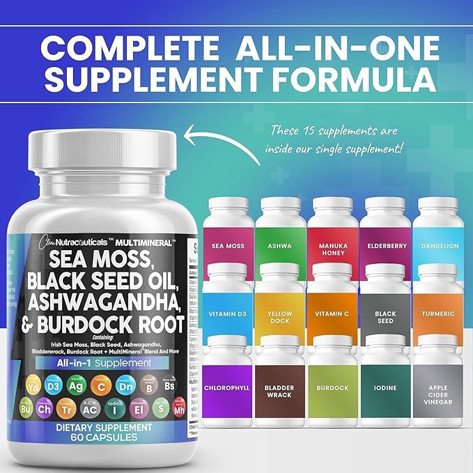 Clean Nutraceuticals Sea Moss Black Seed Oil Ashwagandha Turmeric Bladderwrack Burdock & Vitamin C Vitamin D3 with Elderberry Manuka Dandelion Yellow Dock Iodine Chlorophyll ACV-StrideForce Fitness