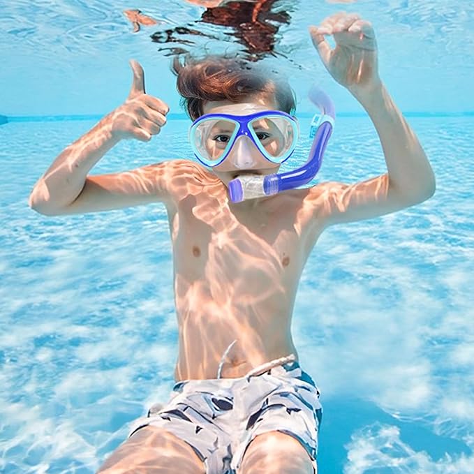 Kids Mask Fins Snorkel Set, Dry Top Snorkeling Gear for Kids Youth Boys Girls Junior Age 5-15 Tempered Glass Snorkel Mask Set Panoramic View Snorkeling Packages-StrideForce Fitness