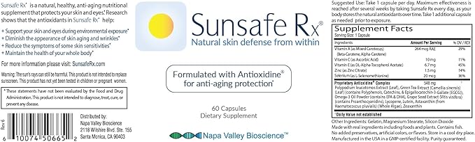 Sunsafe Rx Anti Aging Supplement: Natural Skin Protection Pills with Antioxidants for a Youthful Appearance & Eye Health + Vitamins, Minerals, & 250mg Polypodium Leucotomos (60 Capsules)-StrideForce Fitness