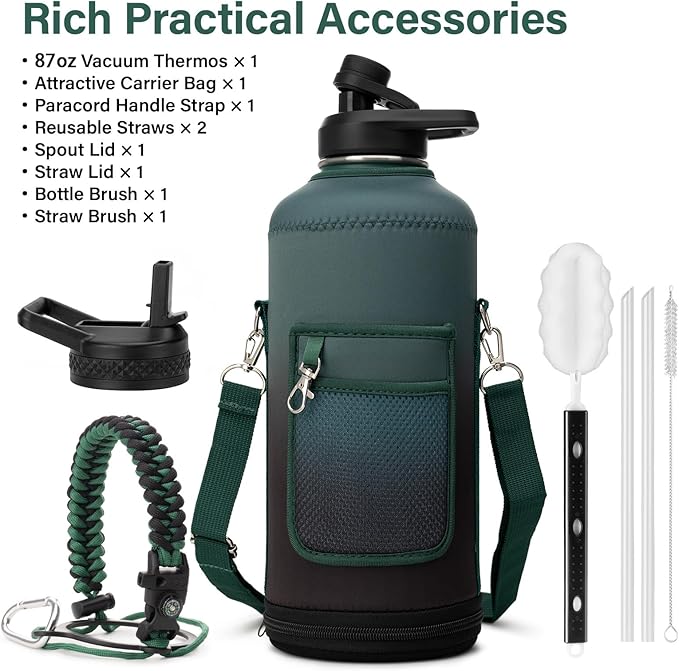 Insulated Water Bottle | Thickened Stainless Steel for Gym and Hiking with Straw, Carrier Bag, Handle Strap | BPA-Free 87 oz-StrideForce Fitness