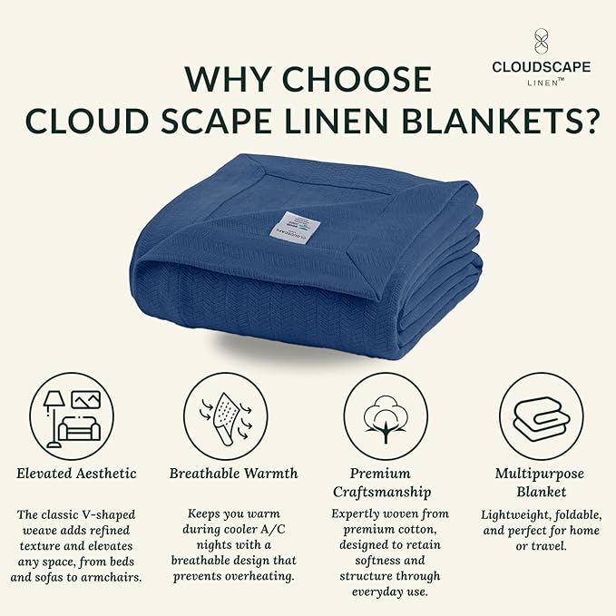 Cloud Scape Linen 100% Cotton Blanket King Size for Bed – Lightweight Summer Blanket, Herringbone Weave,fits California King Size Bed, 92x108,Ensign Blue-StrideForce Fitness