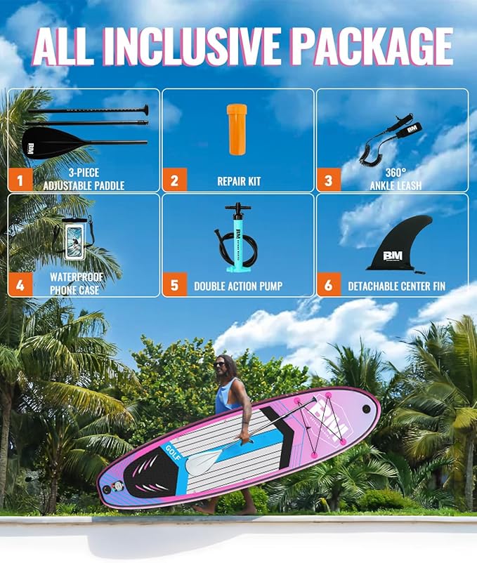 BM Paddle Board Inflatable Stand Up Paddle Board, SUP Paddleboard for Adult, Premium Accessories | Non-Slip EVA Deck & Foam Handles, Camera Mount, Double Action Pump, 85L Travel Backpack-StrideForce Fitness