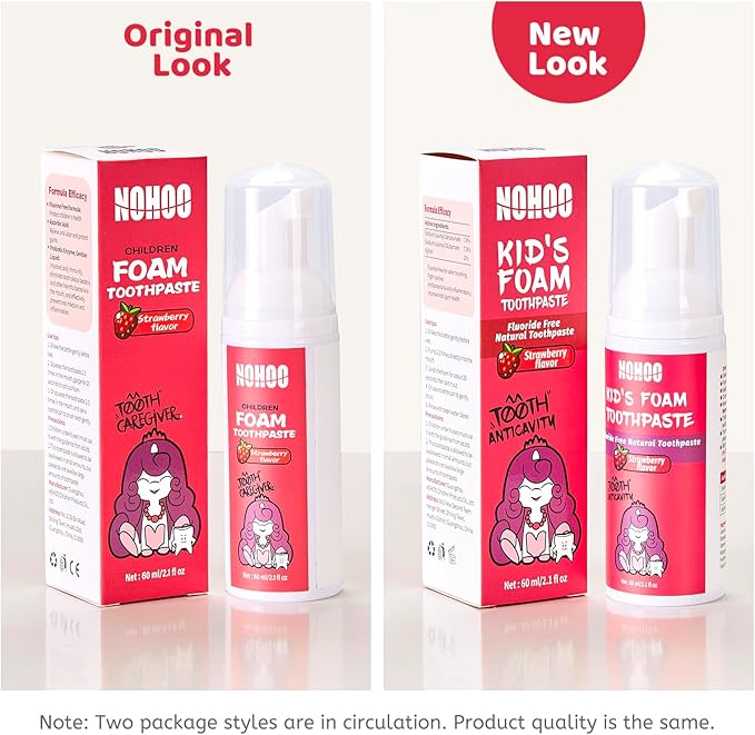 NOHOO Fluoride Free Foam Toothpaste Kids Strawberry,Natural Training Toothpaste for Baby Toddler Children Oral Cleaning and Cavity Protection(2 Pack)