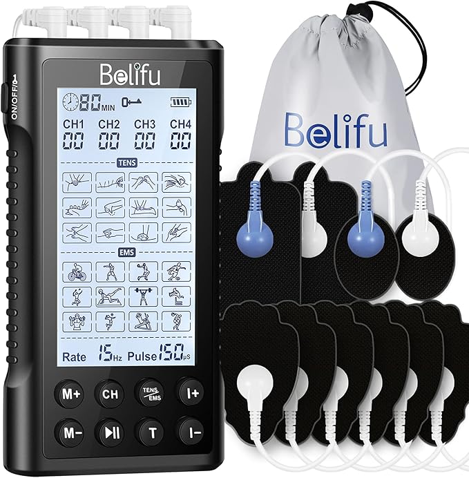 Belifu 4 Independent Channel TENS EMS Unit, 24 Modes,30 Level Intensity Muscle Stimulator Machine, Rechargeable Electric Pulse Massager with 10 Pads&5 Set Leads Wires, for Pain Relief Therapy(Black)-StrideForce Fitness