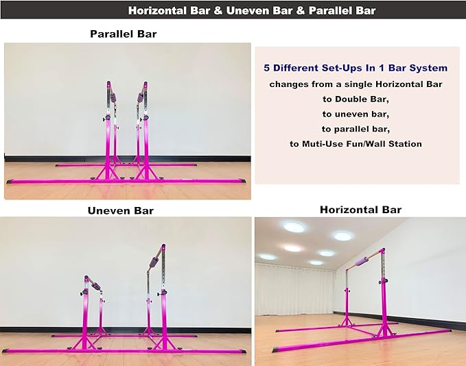 Gymnastics Double Horizontal Bars 3Play Parallel Bars Uneven Bars Gymnastics Training Kip Bar with 304 Stainless Steel Regulating Arms & Fiberglass Rail for Indoor Outdoor Home Club Use-StrideForce Fitness