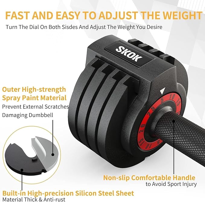 SKOK 25/55 lbs Pair Adjustable Dumbbells Set, Adjustable Weights Dumbbells Set for Men and Women with Anti-Slip Fast Adjust Weight by Turning Handle,Black Dumbbell with Tray-StrideForce Fitness