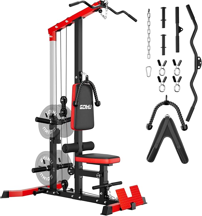 LS01 LAT Pulldown Machine, LAT Row Cable Machine with AB Crunch, LAT Tower with Cable Row Attachments, 3 in 1 Pulley Stations for Home Gym-StrideForce Fitness