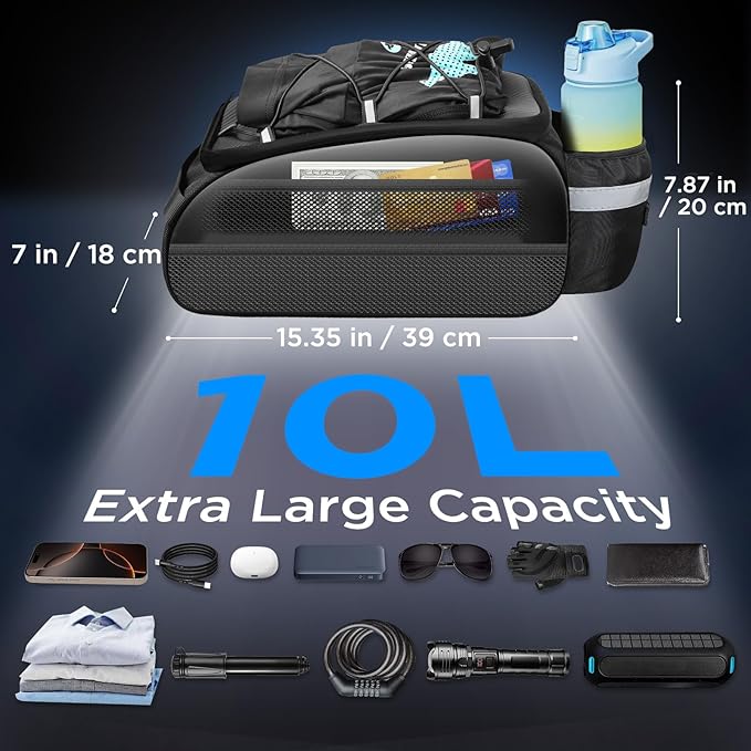 whale fall 10L Bike Rack Bag – Hard-Shell Waterproof Rear Trunk Pannier with Rain Cover, 4-Side Reflective Panels, Bike Accessories for Commuter, Road, Mountain, E-Bike-StrideForce Fitness