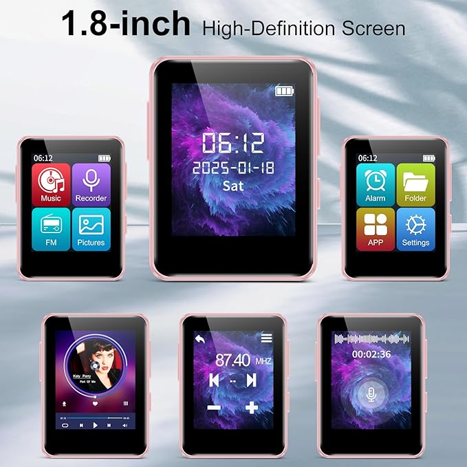 MP3 Player with Bluetooth, 1.8 inch Screen Portable Music Player with Speaker, FM Radio, Recorder, Expansion to 512GB, Pink with 32GB Micro SD Card-StrideForce Fitness