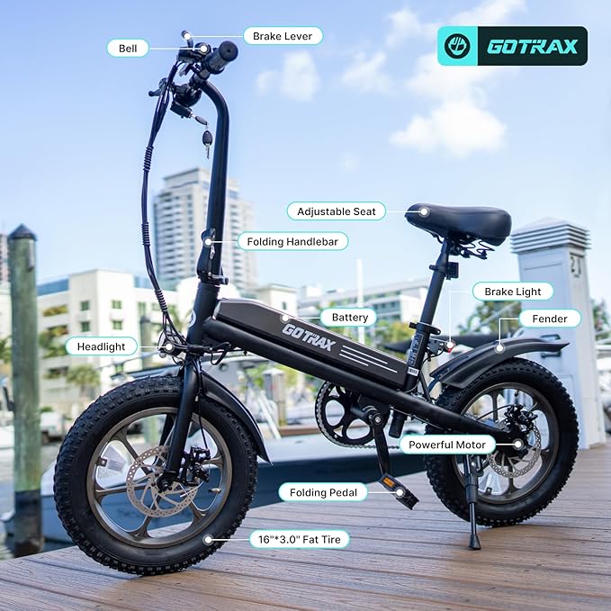Gotrax S3 Electric Bike, 16x3.0 Fat Tire Electric Bicycle Adults, 750W Peak Motor, Max Range 25 Miles, Up to 20 Mph, Removable Battery, Adjustable Seat, Folding Electric Bike for Adults/Teens 13+-StrideForce Fitness