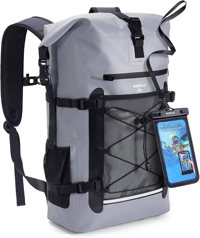 ECOHUB Waterproof Backpack for Women Men, 30L Roll-Top Closure Heavy Duty Dry Bag for Travel with IPX8 Waterproof Phone Case-StrideForce Fitness