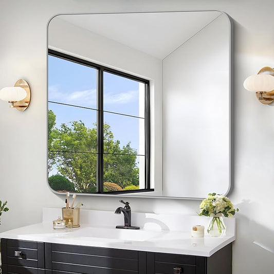 FORBATH 42x42 Inch Silver Bathroom Mirror for Over Sink, Large Square Wall Mirror with Metal Frame, Rounded Corners for Bathroom, Bedroom, Entryway Decor (Horizontal or Vertical)-StrideForce Fitness