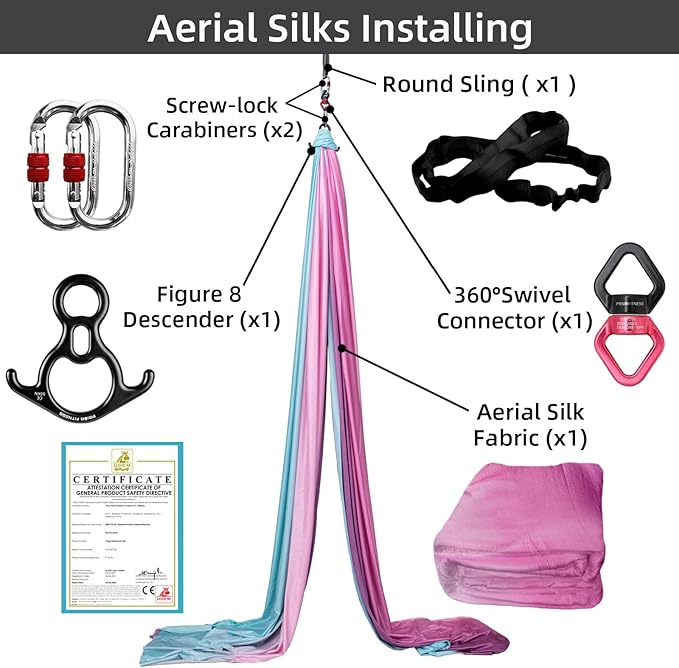 PRIOR FITNESS Aerial Silks Kit Colorful 9/15/20 Yards 40D Nylon Fabric Hammock Set With Hardware & Guide for All Levels Of Aerial Yoga Practice and Acrobatic Flying For Adults Aerial silk-StrideForce Fitness