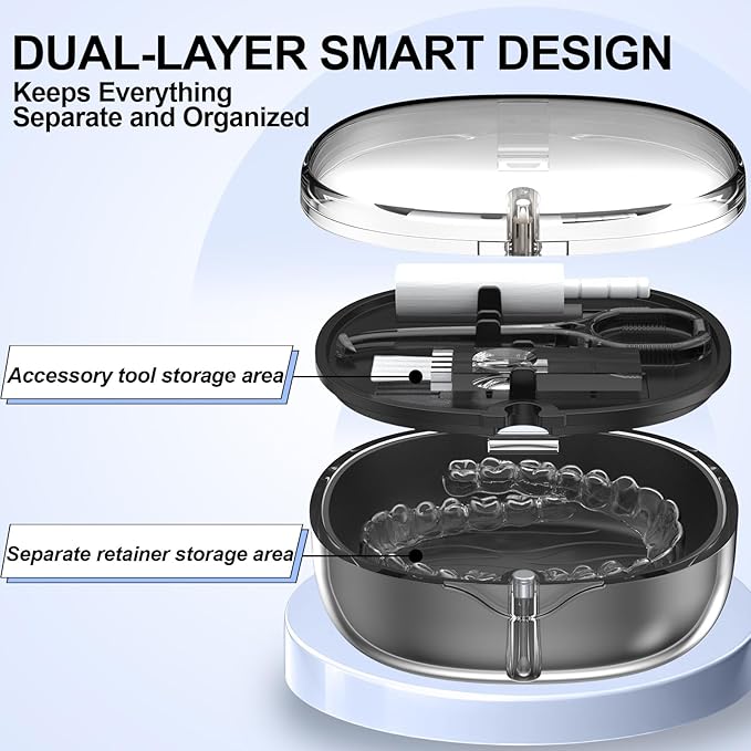 Dental Retainer Box Case Orthodontic Retainer Container with Removal Tool, Chew and Travel Brush, Double-layer Mouth Guard Holder Container Case with Mirror - Transparent Black