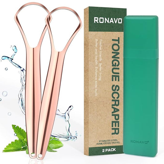 RONAVO Tongue Scraper for Adults, Tongue Scrapper for Women, Metal Tongue Cleaner with Travel Case for Oral Care, Fresher Breath in Seconds, Easy to Use and Clean, 2 Pack