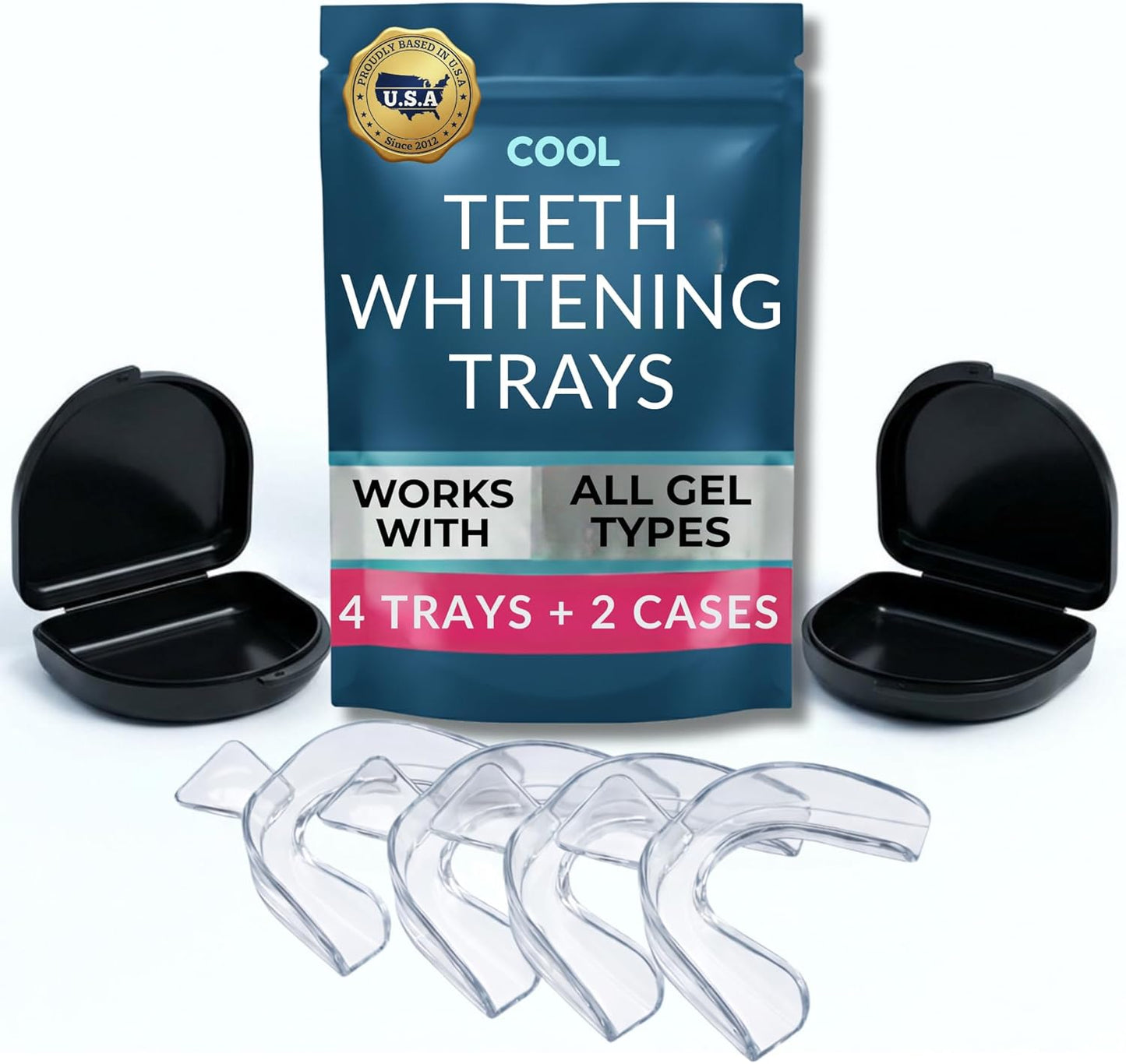 Teeth Whitening Trays Moldable 4-Pc Bleaching Trays for Teeth Whitening with 2 Slim Retainer Cases - Comfortable, Thin Design for Tooth Bleach, Compatible with Opalescence Gel Not Included